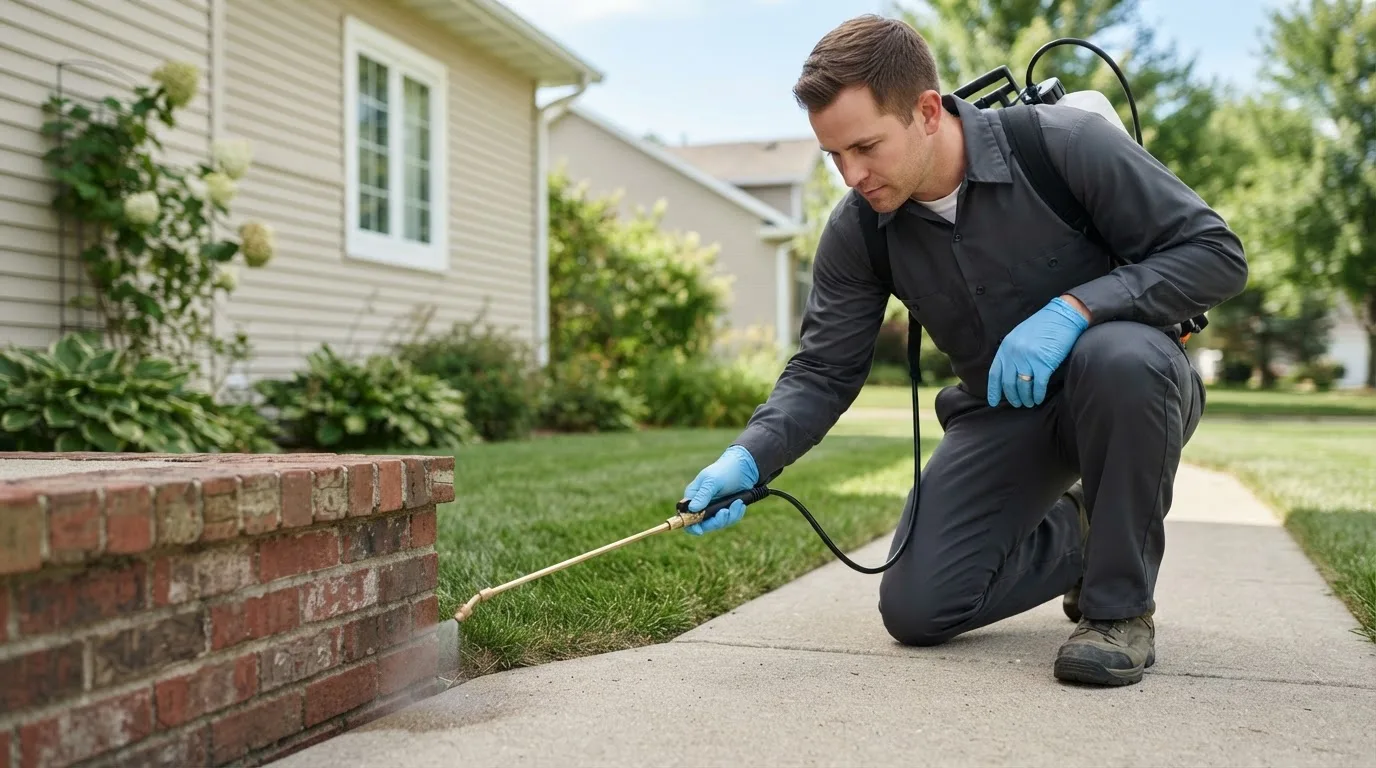 Pest control technician treating a home near Stratford, CT